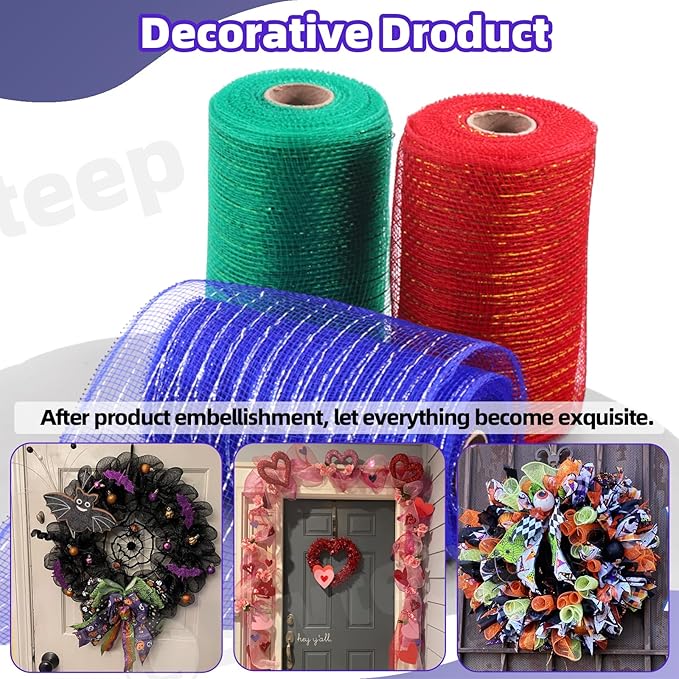 Swpeet 3 Rolls 6 Inches Mesh Ribbon Glitter Metallic Wrapping Ribbon Kit, Glitter Tulle Fabric Spool Ribbon Metallic Foil Mesh Ribbon for DIY Project Wreaths Party Decorations Wrapping Craft