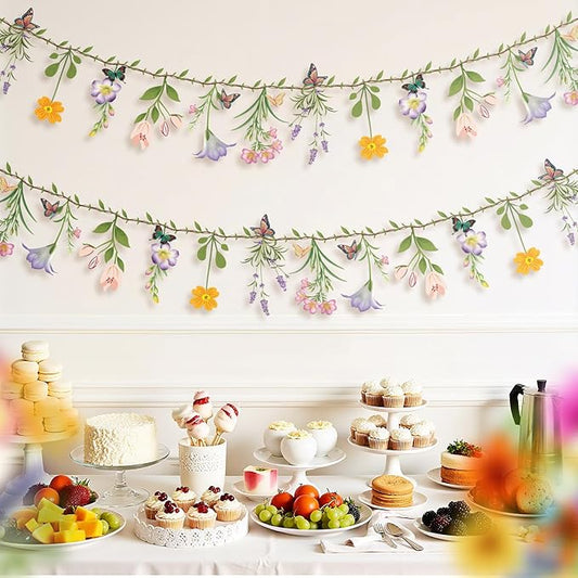 2PCS Flower Banner Reusable Wildflower Garland Floral for Spring Party Enchanted Garden Theme Picnic Wedding Baby Shower Birthday Tea Party Christmas Supplies Home Decorations