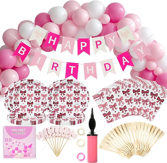 Pink Happy Birthday Decorations, Bow Coquette Birthday Decorations Includes Bow Plates, Napkins, Forks, Cupcake Toppers, Banner Balloons, and Pump Pink Decorations for Party, Serves 20
