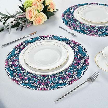 Mandala Round Placemat Set of 6 Elegant Linen Table Mats for Dining, Heat Resistant, Stain Resistant Perfect for Dinner Parties, Restaurants, and Everyday Use