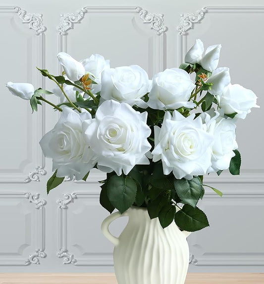 White Fake Flowers for Wedding Decor,Realistic Artificial Flowers Indoor 5 Bouquets（15 Heads） for Room Decor,Real Touch Fake Roses for Bathroom Garden Kitchen Cake Bride Centerpieces Backdrop Decor