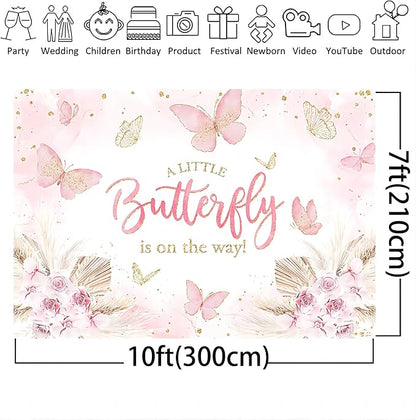 Mocsicka Butterfly Baby Shower Backdrop for Girl's A Little Butterfly is on The Way Pink Florals Flowers Photography Background Princess Girl Party Decoration Photography Props (10x7ft, Pink)