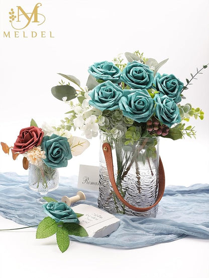Meldel Artificial Flowers 25pcs Real Looking Dark Teal Foam Fake Roses with Stems for DIY Wedding Bouquets Bridal Shower Centerpieces Floral Arrangements Home Decorations Crafts Rose