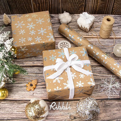 Ribbli Christmas Wrapping Paper, Christmas Iridescent Snowflake Kraft Wrapping Paper Rolls,Mini Roll - 17 Inch x 33 Feet Per Roll, Holiday Presents Decoration