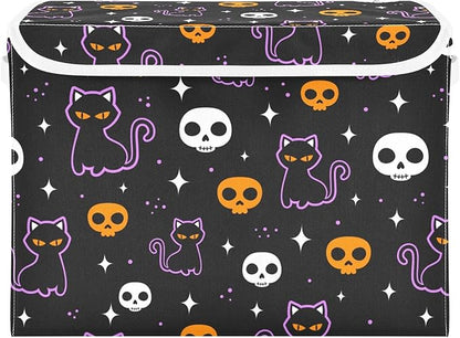 senya Halloween Storage Baskets Collapsible Storage Bins with Lids, Halloween Colored Skulls Black Cat Storage Boxes Clothes Baskets for Organizing, B06D22020