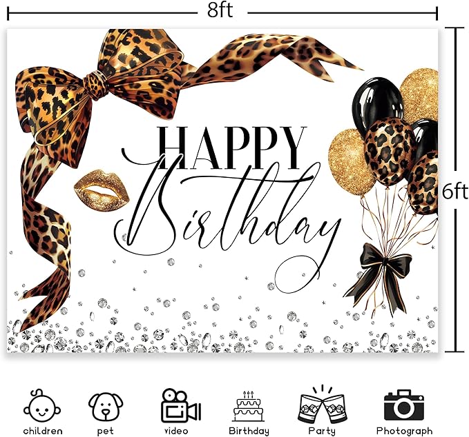 Leopard Print Bow Backdrop 8Wx6H Photography Brown White Gold Beauty Modern Bowknot Balloons Diamond Bownot Background Fashion Girly Party Decorations Banner Photo Booth Props Supplies