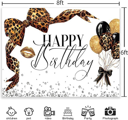 Leopard Print Bow Backdrop 8Wx6H Photography Brown White Gold Beauty Modern Bowknot Balloons Diamond Bownot Background Fashion Girly Party Decorations Banner Photo Booth Props Supplies