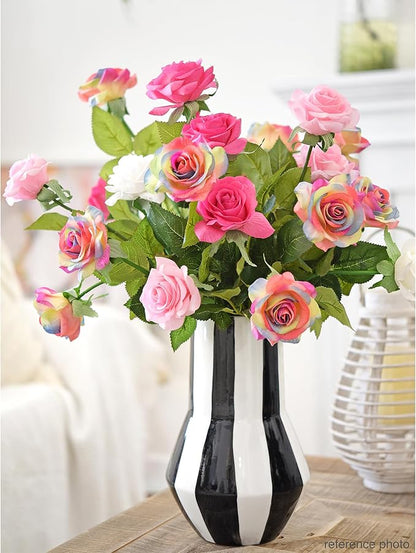 Rainbow Artificial Roses – 12 Faux Silk Stems with Real‑Touch Feel – Gift‑Ready Box + Jute Ribbon – Bendable Wire Stems for Wedding Bouquets, Home Décor, Centerpieces & DIY Arrangements