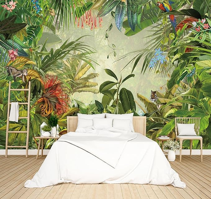 Tropical Botanical Animal Floral Bird Wallpaper Woodland Forest Tree Nursery Kids Bedroom Plant murals Living Room tv Background Large Wall Mural - 137"x96" Not Peel and Stick