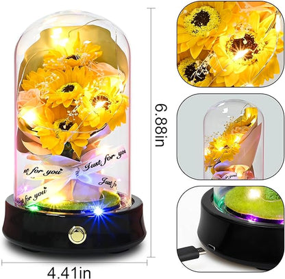 QUELIEN Sunflower Lamp for Nightstand Decor - Glass Dome with Artificial Sunflowers, Warm Light Home Decor for Bedroom/Office, Unique Mother's Day/Xmas/Wedding Gifts for Women