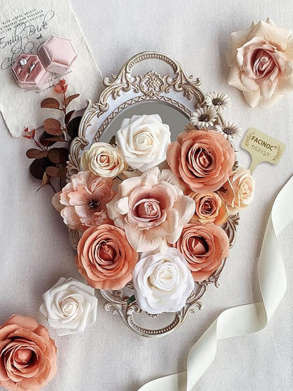 Roses Artificial Flowers Bouquet Combo Box Set for DIY Wedding Centerpieces for Table Bridal Baby Shower Party Decorations Fake Silk Floral Arrangements for Home Decor Indoor Peach Pink