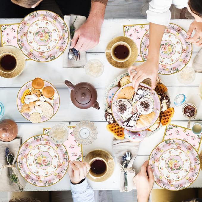 96 Pcs Tea Party Decorations, Floral Paper Plates Floral Cups & Napkins Set for Serves 24, Disposable Plates for Baby Shower, Bridal Shower, Wedding, Garden Party