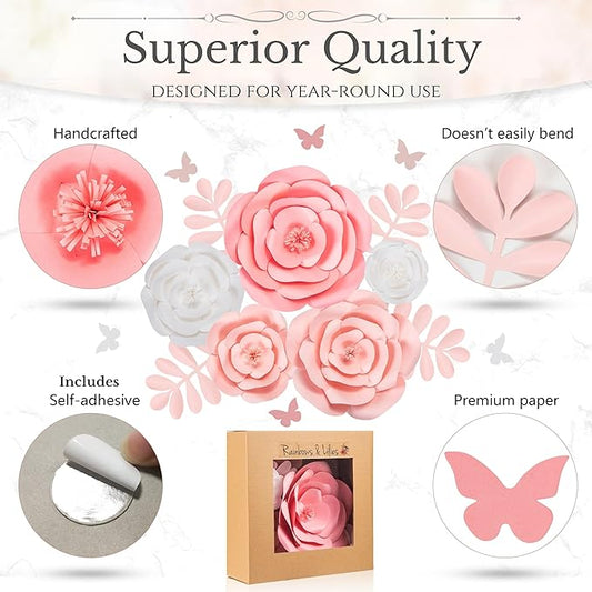 Rainbows & Lilies 15pc Large Paper Flowers Decorations for Wall - Reusable 3D Wall Decor for Girls Room, Nursery & Kids Bedroom - Pink & White Artificial Roses for Baby Shower, Wedding, Party Backdrop