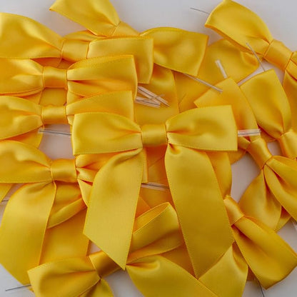 7Rainbows 30pcs Boutique 2.5" Yellow Gold Satin Ribbon Twist Tie Bows for Tying Up Packages Gift Wrapping