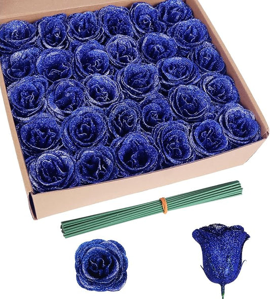 Royal Blue Glitter Roses Bouquet,30PCS Fake Sparkling Flowers Artificial Roses with Stems for Wedding Party Christmas Home Decor(Royal Blue with Silver Glitter)