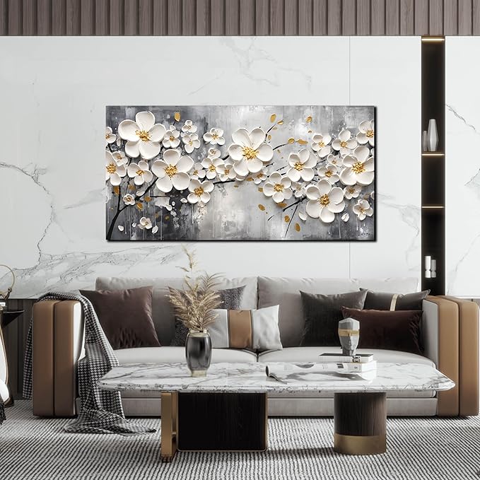 White Flower Pictures Wall Art for Bedroom - Floral Wall Decor for Office Women - Girls Wall Decor for Bedroom Size 24" x 48"
