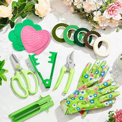 Lasnten 14 Pcs Rose Stripper Thorn Remover Tool Garden Pruning Shears Scissors Kit Leaf Stripping Tool Floral Gloves and Floral Tape Flower Stripper Kit Gift for Wedding Outdoor Gardening (Green)