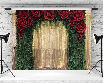 5x3ft Wedding Backdrop Red Rose Flowers Gold Sequin Wall Greenery Leaves Photography Background Bridal Wedding Party Banner Decorations Supplies Photo Booth Props