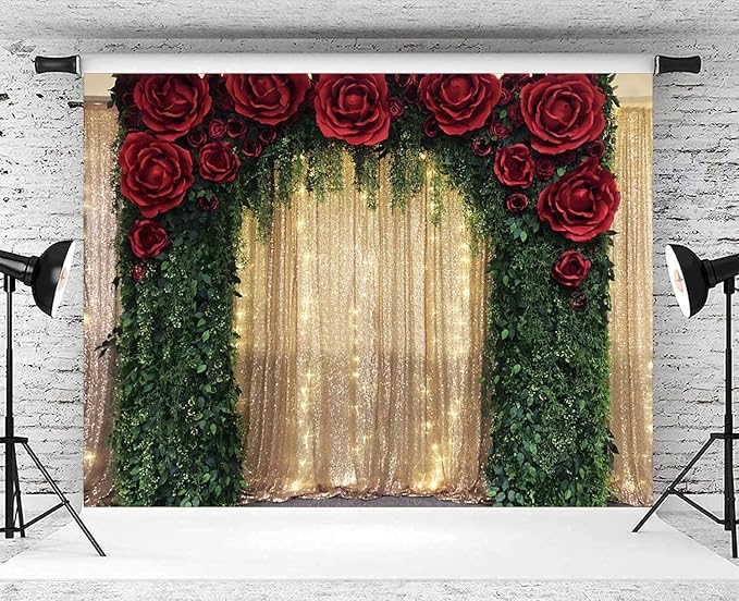 7x5ft Wedding Backdrop Red Rose Flowers Gold Sequin Wall Greenery Leaves Photography Background Bridal Wedding Party Banner Decorations Supplies Photo Booth Props