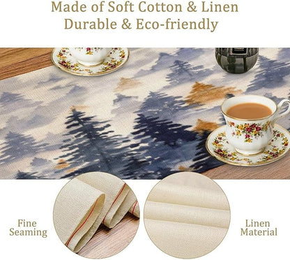 Watercolor Blue Pine Trees Table Runner, Forest Woodland Tabletop Scarf Home Kitchen Holiday Decor, Seasonal Farmhouse Rustic Dining Decorations Party Supply 13 X 120 Inch