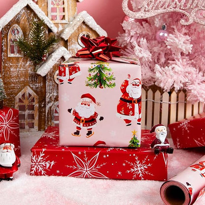 MAYPLUSS Christmas Wrapping Paper Roll - 17 Inch X 33 Feet - Cute Santa Claus Christmas Tree Reversible Strip Gift Wrapping Paper, Thick Wrap Paper for Holiday Party New Year Kids
