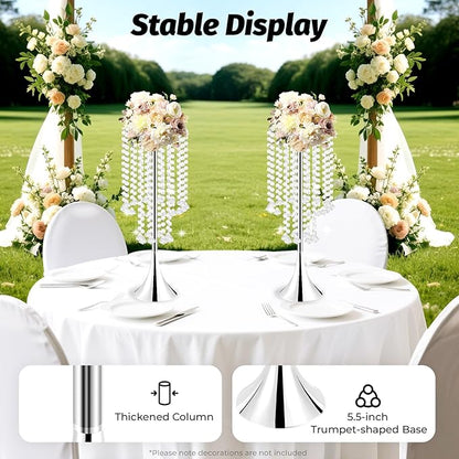 10 Pack 21.9"/55.6cm Tall Crystal Beaded Flower Stands, Metal Wedding Centerpiece Vases for Table/Aisle Decor - Reusable Event Centerpieces for Home, Party, Hotel (Silver)