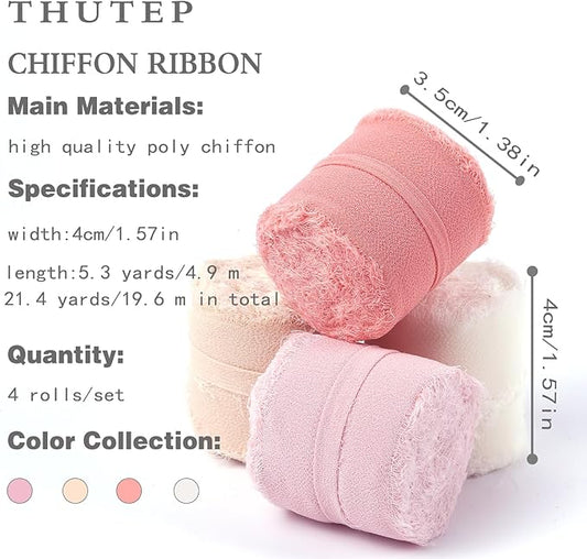 4 Rolls Chiffon Silk Ribbon，1.57 Inch Wide x 21.4 Yards Total Frayed Fringe Silk Ribbons，Suitable for Wedding Invitations, Party Decoration, Bridal Bouquets, Greeting Card(Multicolor)