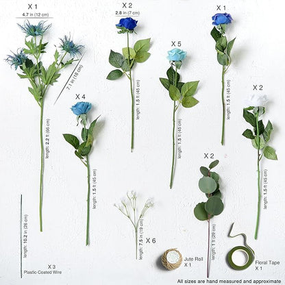 FiveSeasonStuff Artificial Blue and White Rose Bridal Bouquet – Real Touch Wedding Flowers with Eucalyptus, Baby’s Breath & Thistles – DIY Floral Kit for Ceremony, Centerpiece, Home Decor