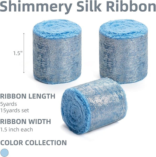 Deep Sky Blue Silk Chiffon Ribbon,Dusty Blue Frayed Shimmery Silk Ribbon for Bridal Flower Bouquet Gift Wrapping Wedding Decor Invitations Decorations 1.5" x 15 Yards (5Yards X 3 Rolls)