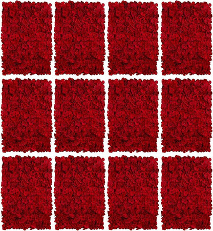 BLOSMON Flower Wall Panel Backdrop - 12 Pcs 24 x 16 Inch Red Artificial Hydrangea Floral Panels for Wedding Party Baby Bridal Shower Decor - 3D Fake Silk Flower Backdrop Decoration