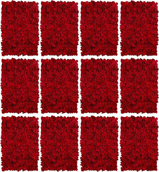 BLOSMON Flower Wall Panel Backdrop - 12 Pcs 24 x 16 Inch Red Artificial Hydrangea Floral Panels for Wedding Party Baby Bridal Shower Decor - 3D Fake Silk Flower Backdrop Decoration