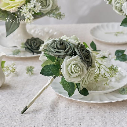 Artificial Flowers, 100pcs Realistic Rose for DIY Wedding Bouquets Centerpieces Arrangements, Sage Green Foam Flowers with Stem Bridal Shower Party Home Decorations