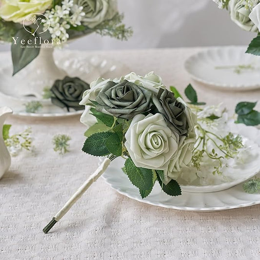 Artificial Flowers, 50pcs Realistic Rose for DIY Wedding Bouquets Centerpieces Arrangements, Sage Green Foam Flowers with Stem Bridal Shower Party Home Decorations