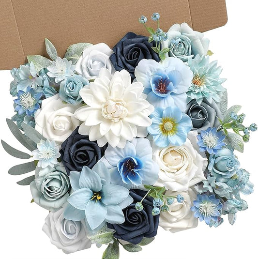Artificial Flowers Blue Box Set for DIY Bridal Bouquets Wedding Shower Decorations Fake Floral Arrangements for Party Table Centerpieces Home Decor Indoor Outdoor