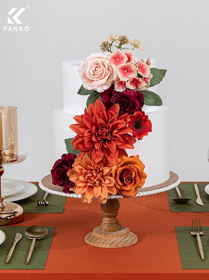 FANKO Artificial Flowers Red Rose, Mixed Fake Silk Flowers Combo Gradient Orange & Champagne Rose Burnt Orange Dahlia Chrysanthemum Vintage for DIY Wedding Bridal Bouquets, Home Decor