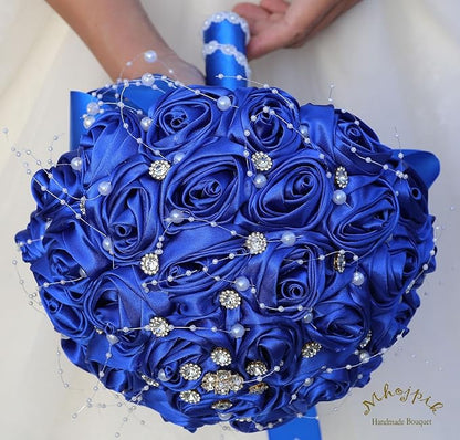 Bridal Wedding Bouquet Round Bling Brooch Bouquet Throw Toss Artificial Rose Flower Bunch for Bride Bridesmaid Wedding Quinceanera(Royal Blue, 6.3")
