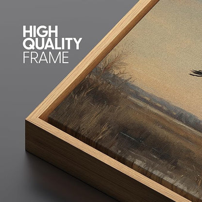SIGNFORD Large Framed Canvas Print Wall Art Flying Cranes Over Wetlands Vintage Nature Bird Scene Illustrations Modern Art Relax/Calm Warm for Living Room, Bedroom, Office - 60"x20"