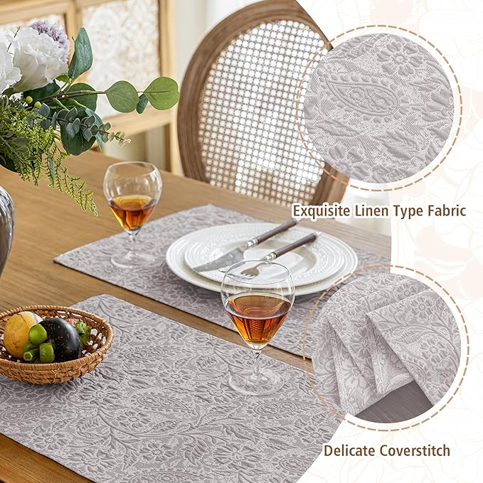 HEAVYWOOD Boho Placemats Set of 4 Cloth Floral Place Mats Paisley Botanical Table Mats for Kitchen Dinning Farmhouse Rustic Washable Tablemats 14x18 Inch (Greyish, 4)