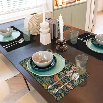 William Morris Placemats, Vintage Rustic Abstract Green Plants Flowers Nature Birds Print Washable Fabric Placemats Table Kitchen Dining Party 12x18 Inch Set of 4