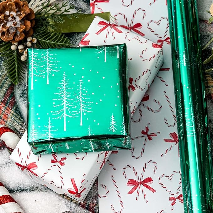 MAYPLUSS Green Christmas Wrapping Paper - 17 Inch X 33 Feet - Reversible Cute Bow Candy Cane Christmas Gift Wrapping Paper, Metallic Foil Thick Gift Wrap Paper for Holiday Party New Year Kids