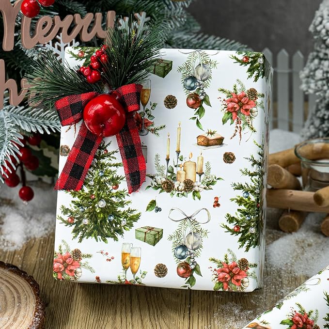 MAYPLUSS Christmas Wrapping Paper Roll - 17 In x 33 Feet - Cute Watercolor Christmas Tree Candle Pinecone Goblet Gift Wrap Paper for New Year, Holiday, Kids