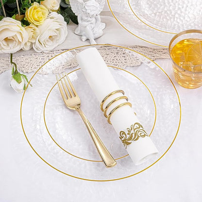Rubtlamp 175 Pcs Plastic Dinnerware Set (25 Guests), Clear And Gold Plastic Plates, Hammered Party Plates Include Dinner Platos, Dessert Platos, Cups, Gold Cutlery Set And Napkins for Christmas