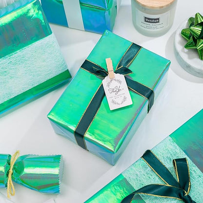 Christmas Green Iridescent Gift Wrap Paper - 17Inch x 33Feet - Luxury Solid Color Metallic Holographic Green Gift Wrapping Present Paper for Christmas, St.Patrick Day, Birthday, Weddings, Anniversary