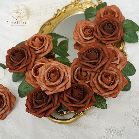 Artificial Flowers, 50pcs Artificial Rose for DIY Wedding Bouquets Centerpieces Arrangements, Shades of Terracotta Foam Roses with Stem for Bridal Shower Party Home Decorations