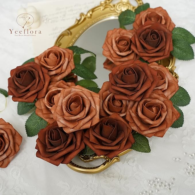 Artificial Flowers, 100pcs Artificial Rose for DIY Wedding Bouquets Centerpieces Arrangements, Shades of Terracotta Foam Roses with Stem for Bridal Shower Party Home Decorations