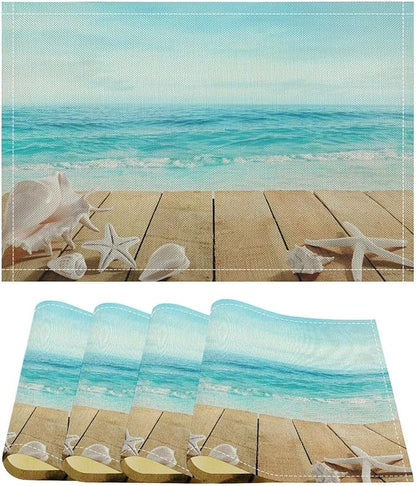 Beach Placemats Set of 4 Summer Nautical Coastal Seashell Art Printed Dining Table Mats for Restaurant Home Kitchen Holiday Decor 12x18in