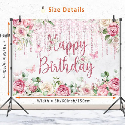 Rose Gold Birthday Backdrop Floral Birthday Decorations,Blush Pink Flower Glitters Happy Birthday Backdrops Banner Photography Background for Women Girls Bday Party Photo Booth Supplies 5x3ft