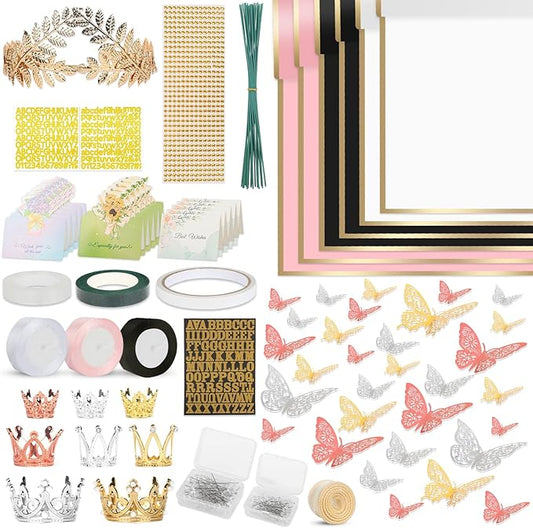 260Pcs Flower Bouquet Wrapping Paper Kit, 60 Sheets Waterproof Paper, 36 Butterflies, 8 Crowns, 1 Headband, 4 Ribbons, 15 Cards, 100 Diamond Pins, 30 Floral Wire, 3 Stickers, 3 Tapes (3 Mix Colors)