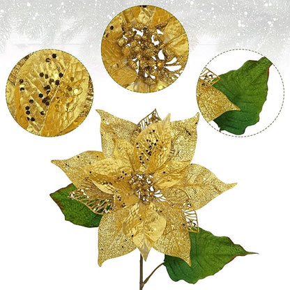 10" Poinsettia Flower Artificial for Christmas Tree Decor, 3 Pcs Faux Glitter Poinsettias Stems for DIY Xmas Wreath & Garland, Christmas Ornaments for Home Party, Holiday & New Year Decorations, Gold