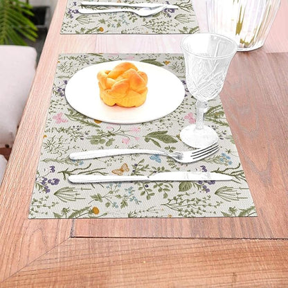 Vintage Wildflowers Placemats Set of 4, Herbs Plants Dining Table Mats, Washable Cute Botanic Spring Summer Sage Green Place Mats for Kitchen Dinner Parties Decor12 x18